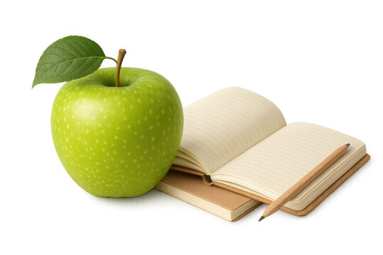 Green apple, open notebook, and pencil representing education, learning, and back to school concepts