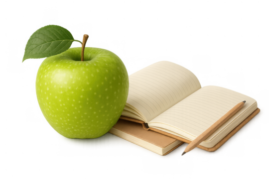 Green apple, open notebook, and pencil representing education, learning, and back to school concepts