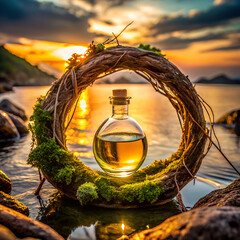 Glass vial with golden liquid in nature, sunset background