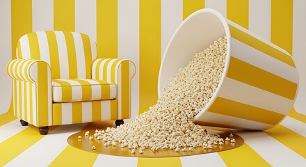 A whimsical scene featuring a yellow striped armchair and an overturned popcorn bucket, spilling its contents onto a matching striped floor