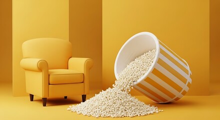 A cozy yellow armchair sits beside an overflowing bucket of white popcorn kernels in a minimalist, monochromatic yellow room
