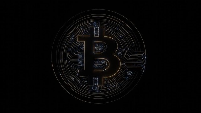 Glowing Bitcoin Symbol with Circuit lines For  Blockchain Technology, Cryptocurrency, Digital Finance, and Decentralized Networks. Seamless loop background. Created using non-AI 3d software