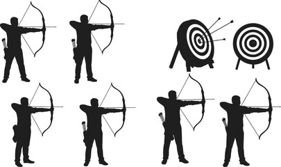 Archery silhouettes, bow and arrow sport, archers aiming at target, competitive shooting, precision training, outdoor activity, black vector illustration set