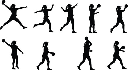 Athlete silhouettes with ball, sports action poses, running, throwing, catching, dynamic motion, handball or dodgeball, active lifestyle, fitness training, competitive game illustration