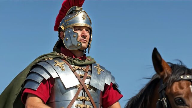Man reenactor dressed as a roman centurion riding a horse under a clear blue sky, historical reconstruction footage
