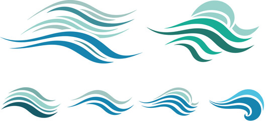 Stylized wave vector set, ocean swirl design, abstract water shapes, blue teal curves, cad drawing flat vector illustration, sea theme graphic