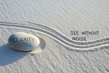 Obraz premium Stone etched with Clarity resting on smooth sand with lines