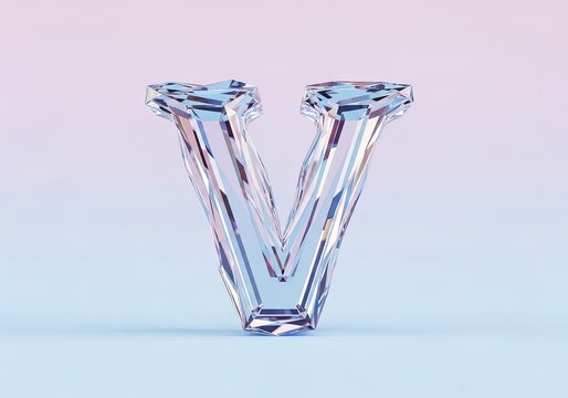 3D Render Crystal Glass Letter V Capital Alphabet Clear Transparent Faceted Gemstone Typeface Shiny Luxury Font Element Isolated on Soft Gradient Background
