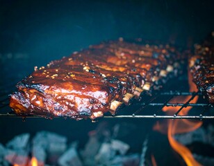 A rack of cooked ribs on a grill over hot coals and flames. The ribs are coated in a dark, glossy sauce.