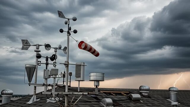 Weather station on a roof with ominous storm clouds, lightning, and windsock. Meteorological instruments present