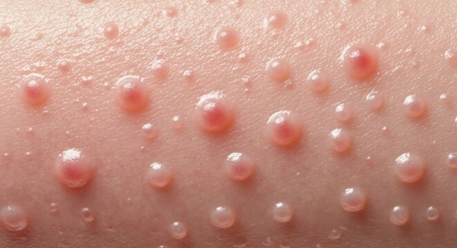 Human skin exhibiting symptoms of Monkeypox characterized by numerous pustules of varying sizes with some showing redness