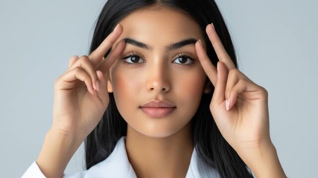 Woman with dark hair, subtle makeup, wearing a white lab coat, hints at health/science
