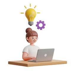 3d cartoon woman with lightbulb and gear, working on laptop, isolated on transparent background