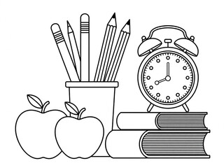 Back to school supplies with apples books and alarm clock illustration