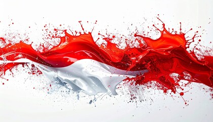 Indonesia red and white flag waves boldly, its colors vividly splashing against a stark background. The image conveys national pride, energy, and artistic flair.