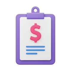 Purple clipboard with a pink dollar sign and blue lines on a white paper, isolated on transparent background