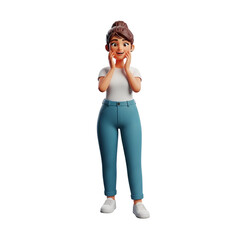 3d cartoon woman with brown hair in a bun, wearing a white tshirt and blue jeans, looking surprised with hands on cheeks, isolated on transparent background