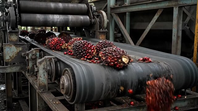 Palm Oil Fruits on Conveyor Belt at Industrial Facility Featuring Ripe Red Fruits against a Metallic Green and Gray Machine in Factory Setting
