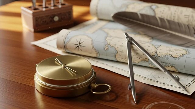 Vintage desk with a map, compass, feather, drafting tools and wooden box. Warm lighting