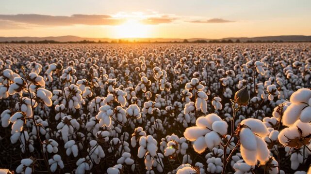 Cotton field at sunset. White fluffy cotton blooms in the field with a golden sky and mountains afar