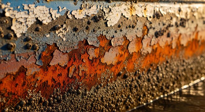 Rusted metal surface with peeling white and blue paint covered in brown barnacles near water with light reflection