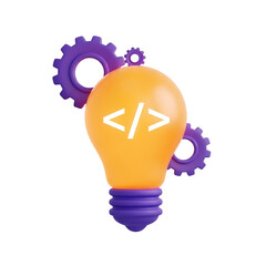A lightbulb with coding symbols and gears, representing an idea, isolated on transparent background