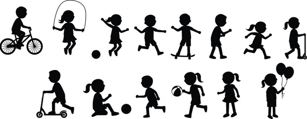 Children silhouettes playing outdoors, kids riding bicycle, jumping rope, running, walking, holding balloons, active lifestyle, fun childhood activities, playful group illustration