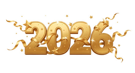 Golden 2026 numbers with ribbons and stars isolated on transparent background