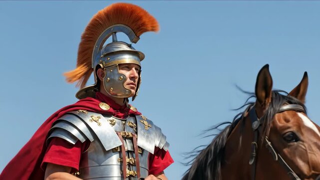 Roman man in centurion armor riding horse, looking out at a scene, displaying historical culture video