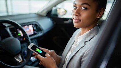Businesswoman using smartphone while sitting in a modern car interior