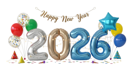 Large silver and blue number balloons forming 2026 with festive decorations isolated on transparent background