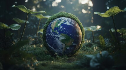 Earth embraced by lush green moss and foliage in a magical forest