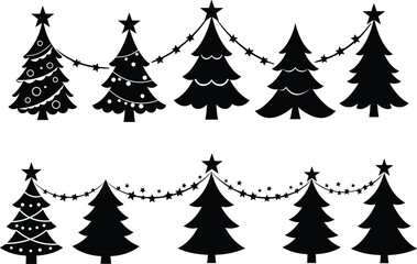 Christmas tree silhouette vector illustration, decorated and plain holiday trees, festive ornaments, star garland, seasonal design, winter celebration, black silhouette, festive decoration