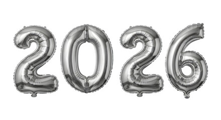 Silver mylar balloons forming the year 2026 isolated on transparent background