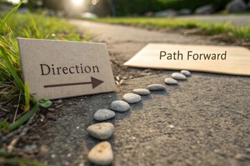 Naklejka premium Stones Leading on Concrete Path Towards the Direction Sign