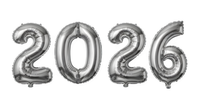 Silver mylar balloons forming the year 2026 isolated on transparent background