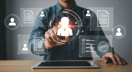 Person interacting with a futuristic digital interface displaying user profiles and data