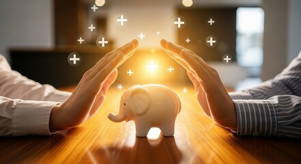 Hands protect a glowing elephant figurine with magical light effects