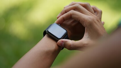 Person adjusting a smartwatch on their wrist in a natural outdoor setting