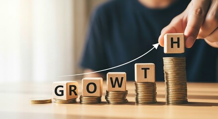 Hand stacking blocks spelling growth on coins symbolizing financial progress