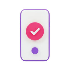 3d illustration of a smartphone with a pink checkmark symbol on screen, isolated on transparent background