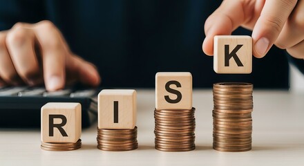 Hand stacking wooden blocks spelling risk on coins symbolizing financial challenges