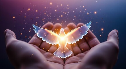 Hands gently holding a glowing dove with sparkling light and particles