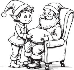 Cute Christmas elf talking with Santa Claus festive north pole holiday scene