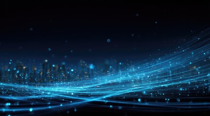 Abstract city skyline at night, glowing blue lines