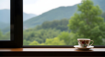 cup coffee resting window sill breathtaking view misty forest background, 