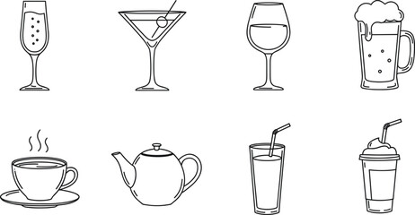 Drinkware icons, beverage glass set, cocktail, coffee, tea, beer, wine, smoothie, outline style, black and white vector illustration, minimal design
