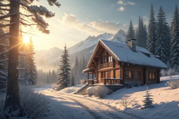 Snow Covered Cabin In Winter Sunlight With Mountains And Forest