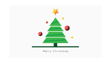 A modern, flat vector illustration of a green Christmas tree adorned with red ornaments and a golden star, with a festive "Merry Christmas" greeting below.