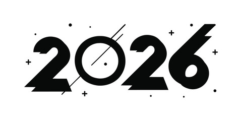 Bold black typography for the year 2026 is presented on a white background with subtle decorative elements. This design is perfect for New Year's Eve, event invitations, or futuristic concepts.